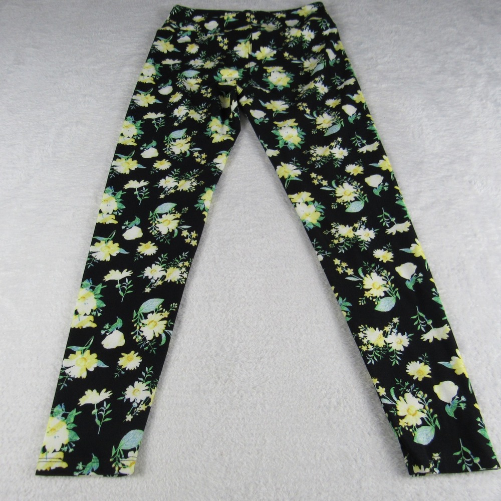 LuLaRoe Floral Leggings Womens One Size Black Yellow Soft Stretchy